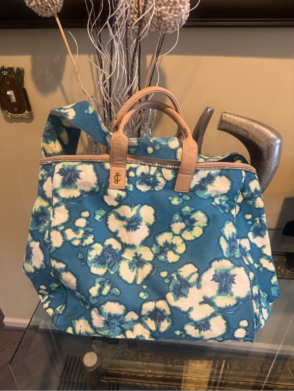 Juicy Couture Vintage Floral Canvas Tote Bag with Tanβ Leather Trim rhinestone